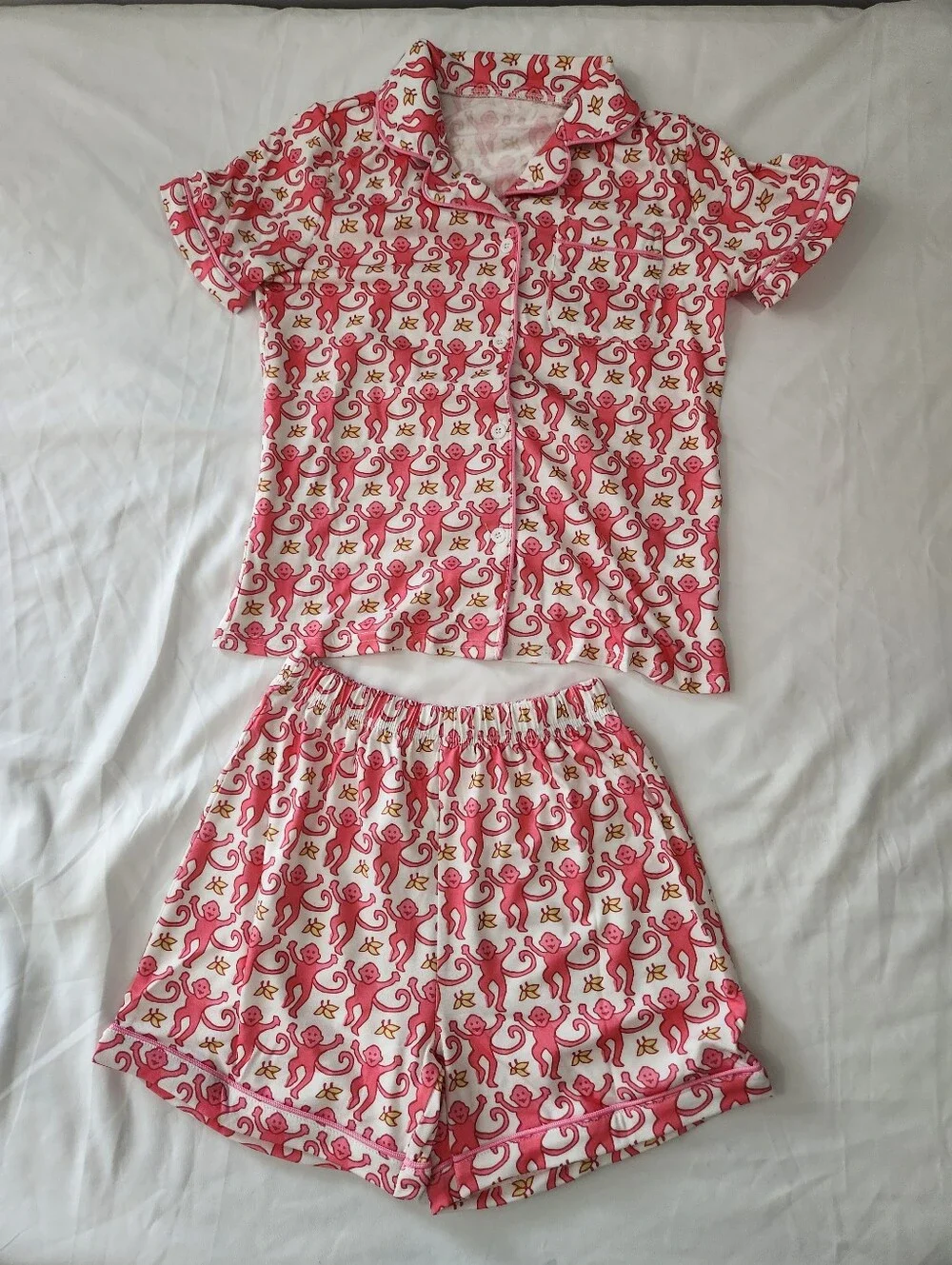 Girls Size 10 Years Pink Monkey Print Short Sleeve Lightweight Pajama Set